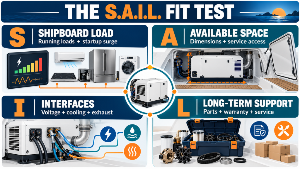 S.A.I.L. marine generator selection framework: shipboard load, available space, interfaces, and long-term support