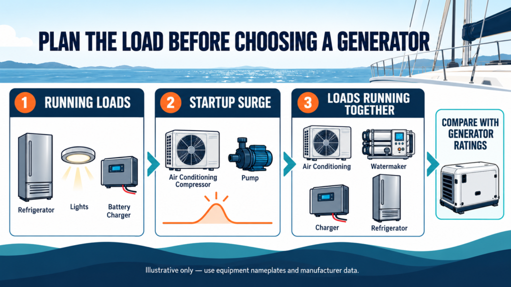 Marine generator load-planning diagram separating running loads, startup surge, and appliances used together
