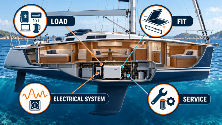Sailboat cutaway showing a compact marine generator and selection factors for load, fit, electrical system, and service