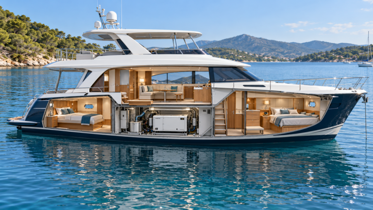 Cutaway yacht showing marine generator location relative to cabin and sleeping berth