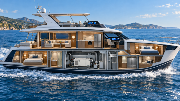 Marine generator installed in the machinery space of a cruising yacht
