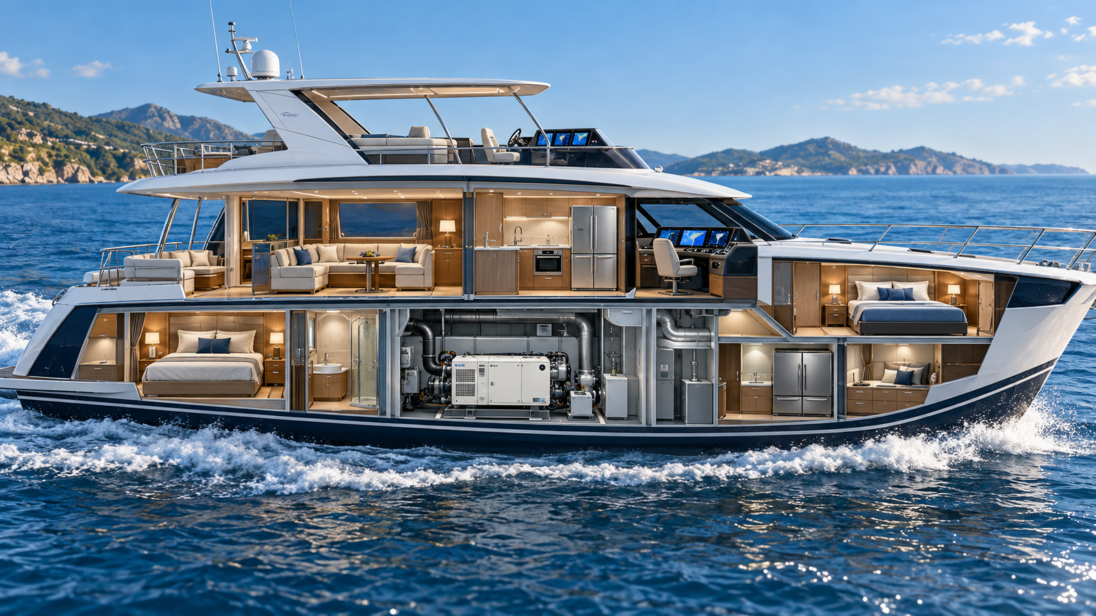 Marine generator installed in the machinery space of a cruising yacht